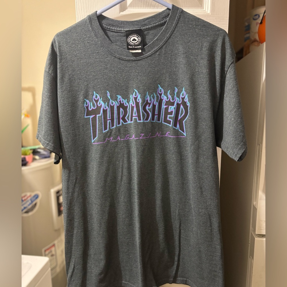 Thrasher T-Shirt with Blue and Purple Flame Logo